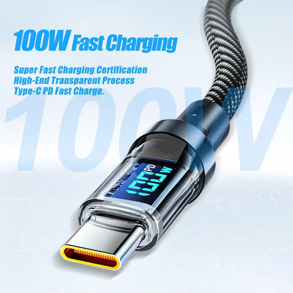100W PD Fast Charging Type-C Phone Data Cable, Intelligent Digital Display Charging Cable, Wear-Resistant Nylon Braided Durable Data Cable for Iphone 15 & Android #GLOBAL PICKS