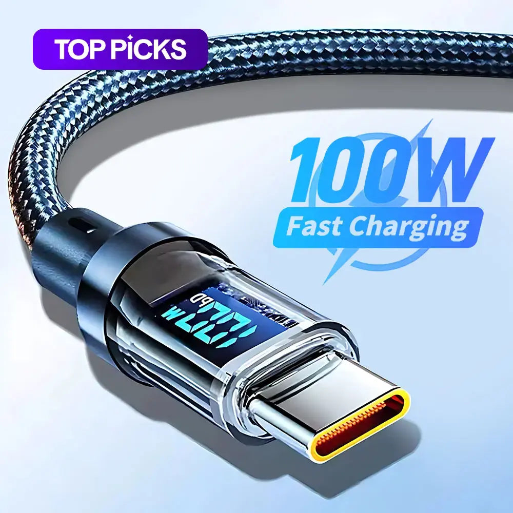 100W PD Fast Charging Type-C Phone Data Cable, Intelligent Digital Display Charging Cable, Wear-Resistant Nylon Braided Durable Data Cable for Iphone 15 & Android #GLOBAL PICKS